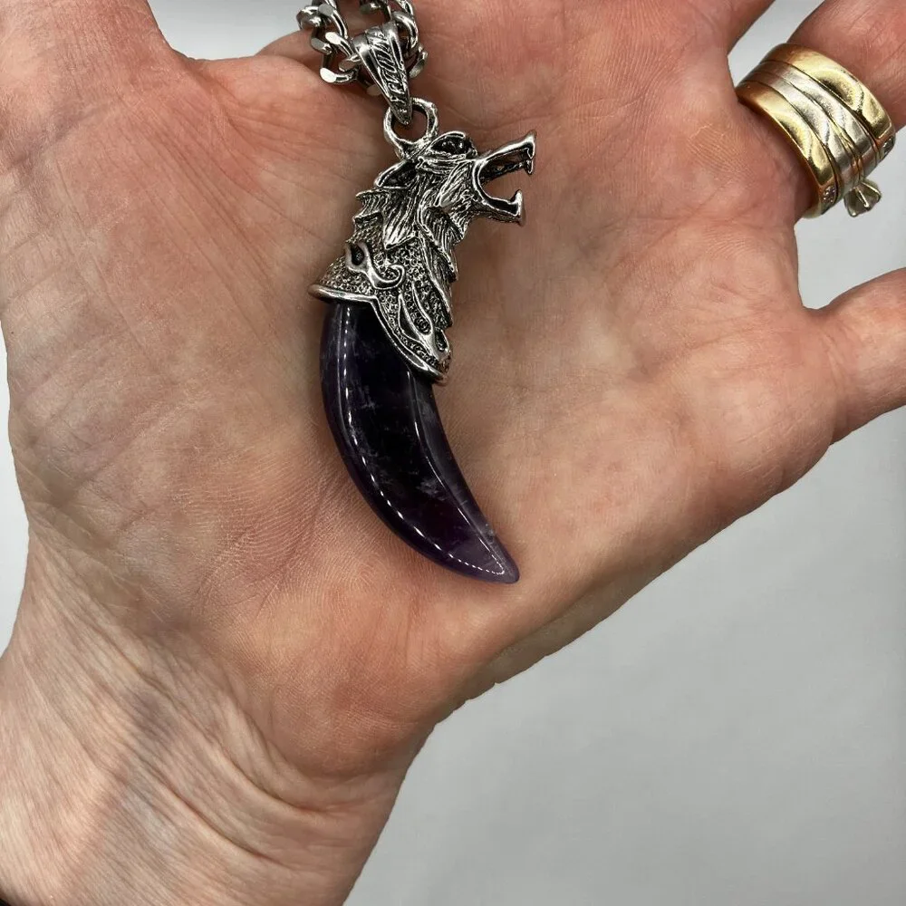 Amethyst Gemstone Tusk AND CHAIN Men's Chunky 20-inch Stainless Steel Chain